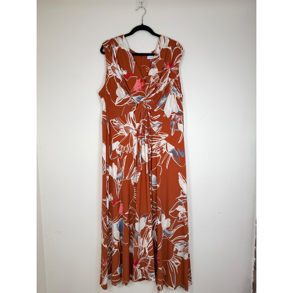 Calvin Klein Floral Midi Dress Women 18W NWT Twist Front Jersey Rust $139